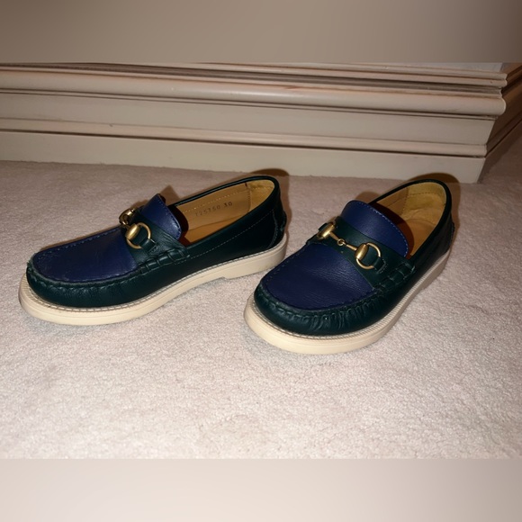 Gucci Boys Blue Green Leather Horsebit Loafers
